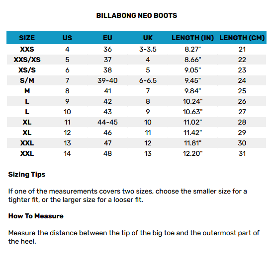 2025 Billabong Neo Boots 0 Size Chart